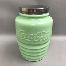 Load image into Gallery viewer, Coca Cola Jadeite Green Cookie Jar Metal Lid (9"x6")
