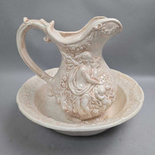 Load image into Gallery viewer, Handmade Ceramic Pitcher &amp; Wash Basin Set - Raised Victorian Scene (10.5x13x13)
