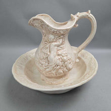 Load image into Gallery viewer, Handmade Ceramic Pitcher &amp; Wash Basin Set - Raised Victorian Scene (10.5x13x13)

