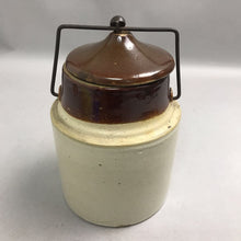 Load image into Gallery viewer, Antique 1-Gallon Stoneware Weir Jar 2-Tone Crock Lid Metal Bail Handle 1890s (9")
