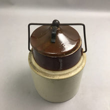 Load image into Gallery viewer, Antique 1-Gallon Stoneware Weir Jar 2-Tone Crock Lid Metal Bail Handle 1890s (9")

