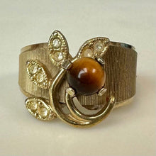 Load image into Gallery viewer, Vintage Gold Plated Tigers Eye Orb CZ Leaves Ring sz 6

