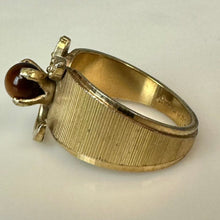 Load image into Gallery viewer, Vintage Gold Plated Tigers Eye Orb CZ Leaves Ring sz 6
