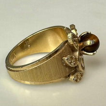 Load image into Gallery viewer, Vintage Gold Plated Tigers Eye Orb CZ Leaves Ring sz 6
