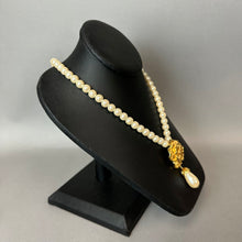 Load image into Gallery viewer, Vintage Avon Faux Pearl Goldtone Rose Y-Drop Necklace (20")
