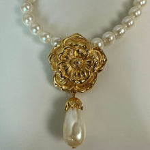 Load image into Gallery viewer, Vintage Avon Faux Pearl Goldtone Rose Y-Drop Necklace (20")
