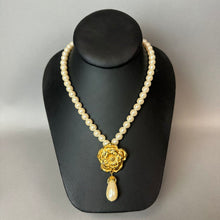 Load image into Gallery viewer, Vintage Avon Faux Pearl Goldtone Rose Y-Drop Necklace (20")
