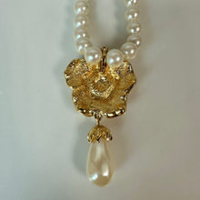 Load image into Gallery viewer, Vintage Avon Faux Pearl Goldtone Rose Y-Drop Necklace (20")

