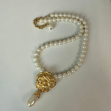 Load image into Gallery viewer, Vintage Avon Faux Pearl Goldtone Rose Y-Drop Necklace (20")
