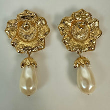 Load image into Gallery viewer, Vintage Avon Faux Pearl Goldtone Rose Earrings (2.25")
