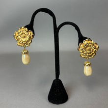 Load image into Gallery viewer, Vintage Avon Faux Pearl Goldtone Rose Earrings (2.25")
