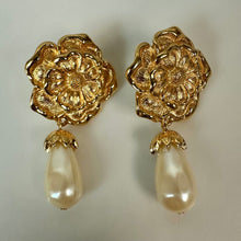 Load image into Gallery viewer, Vintage Avon Faux Pearl Goldtone Rose Earrings (2.25")
