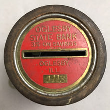 Load image into Gallery viewer, Vintage Oglesby State Bank Barrel Coin Bank with Key (3")
