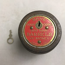 Load image into Gallery viewer, Vintage Oglesby State Bank Barrel Coin Bank with Key (3")
