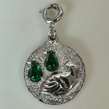Load image into Gallery viewer, Vintage Sarah Cov Partridge in a Pear Tree Silvertone Green Gem Charm 1974 (1")
