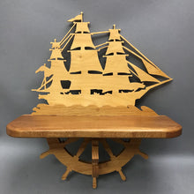 Load image into Gallery viewer, Wood Carved Sail Boat Shelf with Ship Wheel &amp; Anchor (17x14)
