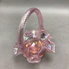 Load image into Gallery viewer, Fenton Pink Iridescent Glass Basket Ruffle Edge Grapes/Leaves Embossed Footed (4.5")
