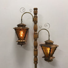 Load image into Gallery viewer, MCM Wooden Pole Tension Floor Lamp w/Textured Amber Glass Lanterns (71")
