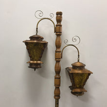 Load image into Gallery viewer, MCM Wooden Pole Tension Floor Lamp w/Textured Amber Glass Lanterns (71")
