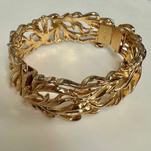 Load image into Gallery viewer, Vintage Goldtone Art Nouvea Style Floral Leaf Cutout Hinged Cuff Bracelet (7.5" Inside Circumference)
