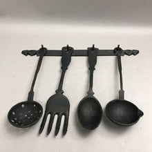 Load image into Gallery viewer, Vintage 5 Pc Cast Iron Hanging Kitchen Utensil Set Spoon Fork Ladle Strainer Farm (11x14)
