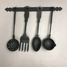 Load image into Gallery viewer, Vintage 5 Pc Cast Iron Hanging Kitchen Utensil Set Spoon Fork Ladle Strainer Farm (11x14)
