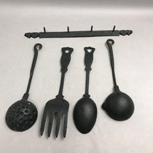 Load image into Gallery viewer, Vintage 5 Pc Cast Iron Hanging Kitchen Utensil Set Spoon Fork Ladle Strainer Farm (11x14)
