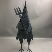 Load image into Gallery viewer, Whimsical Gray Metal Chicken Yard Sculpture with Pitchfork (27")
