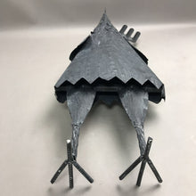 Load image into Gallery viewer, Whimsical Gray Metal Chicken Yard Sculpture with Pitchfork (27")
