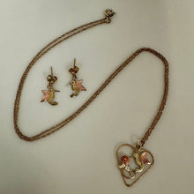 Load image into Gallery viewer, 10K Black Hills Gold Hummingbird Heart Pendant on 18" Gold Filled Chain Necklace &amp; Earrings Set (1.9g)
