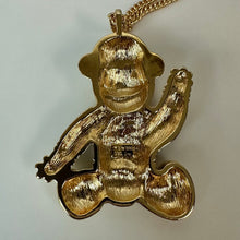 Load image into Gallery viewer, Vintage All My Children Goldtone Enamel Teddy Bear Statement Pendant on 30" Chain w/ Box (3")
