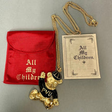 Load image into Gallery viewer, Vintage All My Children Goldtone Enamel Teddy Bear Statement Pendant on 30" Chain w/ Box (3")
