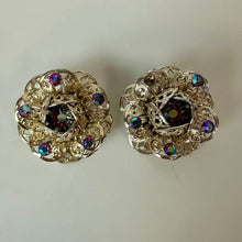Load image into Gallery viewer, Vintage Sarah Cov Red Aurora Borealis Goldtone Filigree Flower Brooch Pin &amp; Clip Earrings Set (3.5, 1.25")
