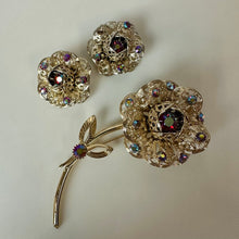 Load image into Gallery viewer, Vintage Sarah Cov Red Aurora Borealis Goldtone Filigree Flower Brooch Pin &amp; Clip Earrings Set (3.5, 1.25")

