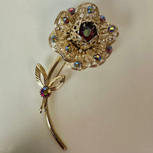 Load image into Gallery viewer, Vintage Sarah Cov Red Aurora Borealis Goldtone Filigree Flower Brooch Pin &amp; Clip Earrings Set (3.5, 1.25")
