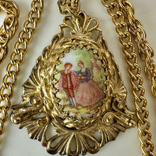 Load image into Gallery viewer, Vintage Victorian Revival Courting Couple Cameo Goldtone Triple Chain Necklace (18")
