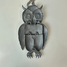 Load image into Gallery viewer, Vintage Pewter Articulated Wings 4.5" Owl Statement Necklace (22")
