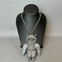 Load image into Gallery viewer, Vintage Pewter Articulated Wings 4.5" Owl Statement Necklace (22")
