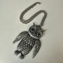 Load image into Gallery viewer, Vintage Pewter Articulated Wings 4.5" Owl Statement Necklace (22")
