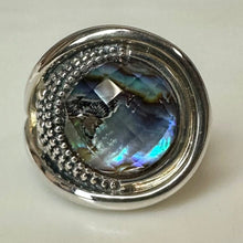 Load image into Gallery viewer, Michael Dawkins Sterling Starry Night Faceted Crystal Over Abalone Ring sz 7
