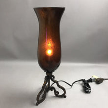 Load image into Gallery viewer, Amber Glass Hurricane-Style Electric Accent Lamp w/ Scroll Metal Base (18")
