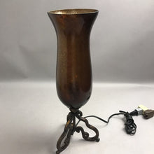 Load image into Gallery viewer, Amber Glass Hurricane-Style Electric Accent Lamp w/ Scroll Metal Base (18")
