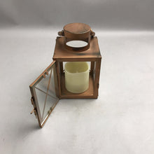 Load image into Gallery viewer, Copper/Rose Gold &amp; Glass Flameless Candle Lantern (~8") (As-Is; Battery Cover Missing)
