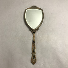 Load image into Gallery viewer, Antique Brass Vanity Hand Held Mirror Featuring Yellow Guilloche (13.5x4.5")
