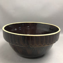 Load image into Gallery viewer, Antique Dark Brown Glazed Mixing Bowl Picket Fence Stoneware USA (10")
