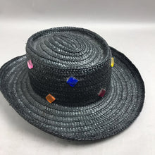Load image into Gallery viewer, Vintage Miriam Lefcourt Elegantly Yours Black Straw Hat with Gems Made In Italy
