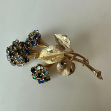 Load image into Gallery viewer, Vintage Goldtone Blue &amp; Green Rhinestone Flower Bouquet Brooch Pin (2.5")
