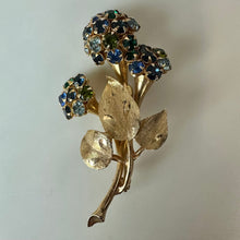 Load image into Gallery viewer, Vintage Goldtone Blue &amp; Green Rhinestone Flower Bouquet Brooch Pin (2.5")

