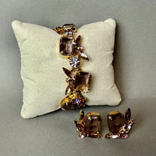 Load image into Gallery viewer, Vintage Goldtone Amethyst Rhinestone Cluster Link Bracelet &amp; Clip Earrings Set (7," 1")

