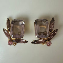 Load image into Gallery viewer, Vintage Goldtone Amethyst Rhinestone Cluster Link Bracelet &amp; Clip Earrings Set (7," 1")
